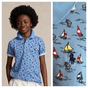 Polo Ralph Lauren Blue Sailboat-Print Cotton Mesh Polo Shirt